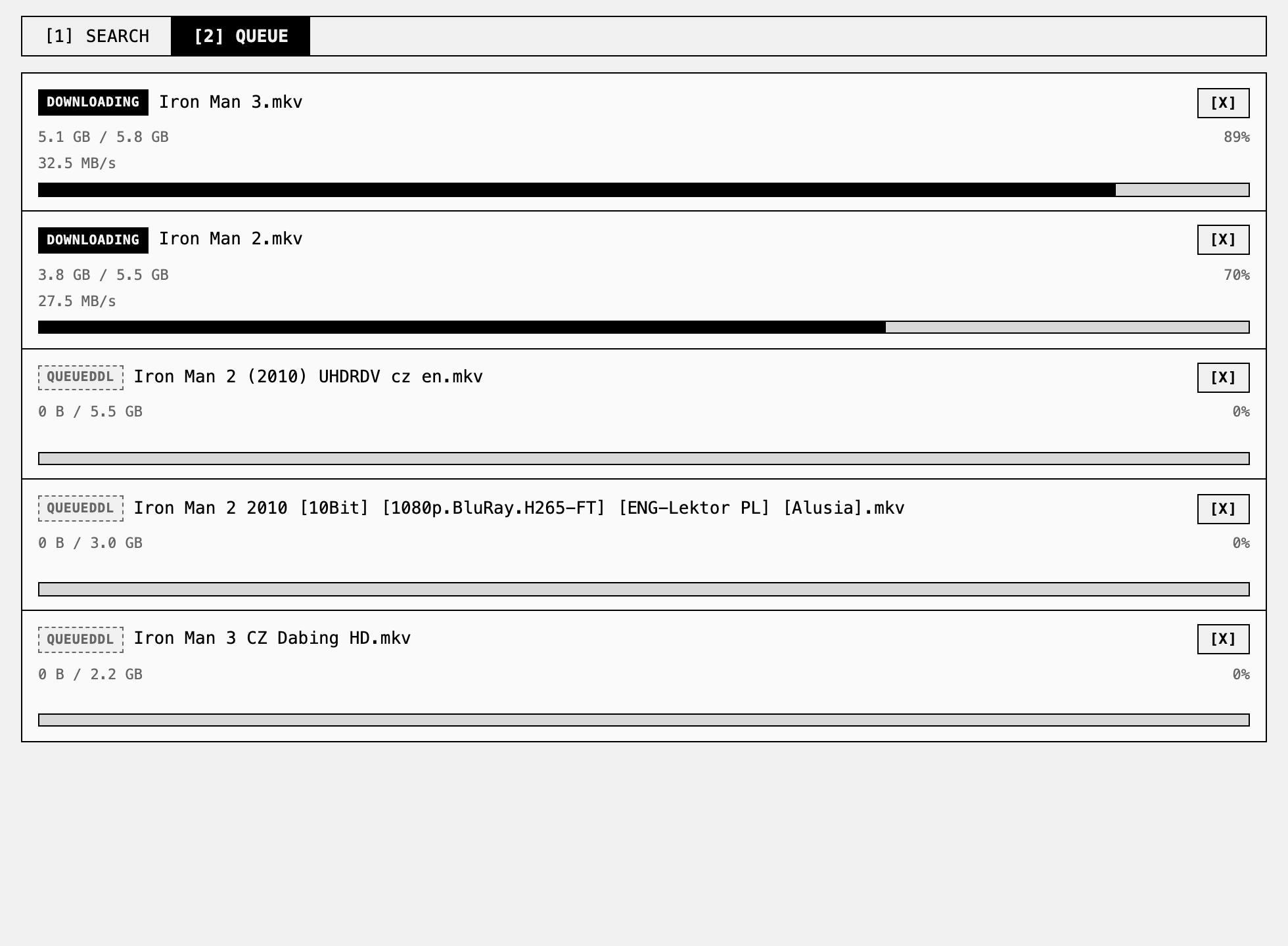 Queue tab with multiple Iron Man downloads